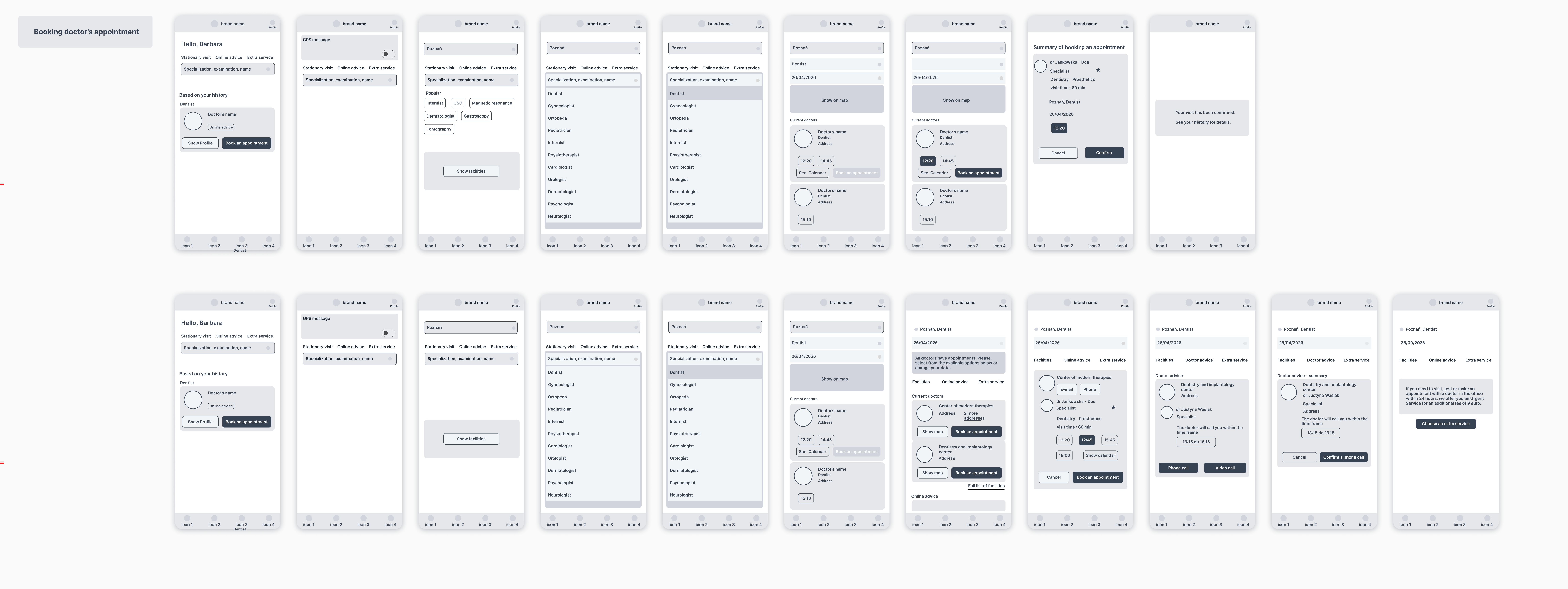 booking a doctor's appointment wireframes